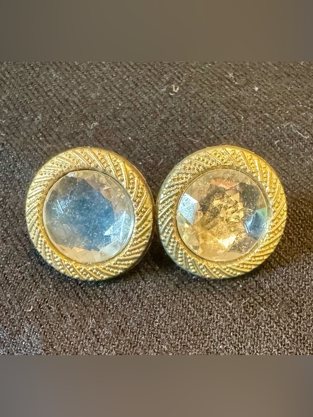 Vintage Liz Claiborne Gold-Tone Crystal Button Clip On Earrings w/ Clear Stones